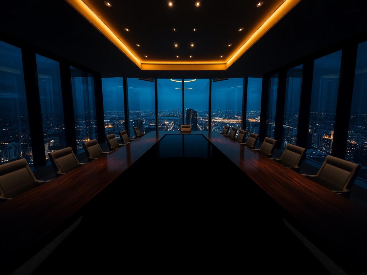 Boardroom in a glass tower at blue hour