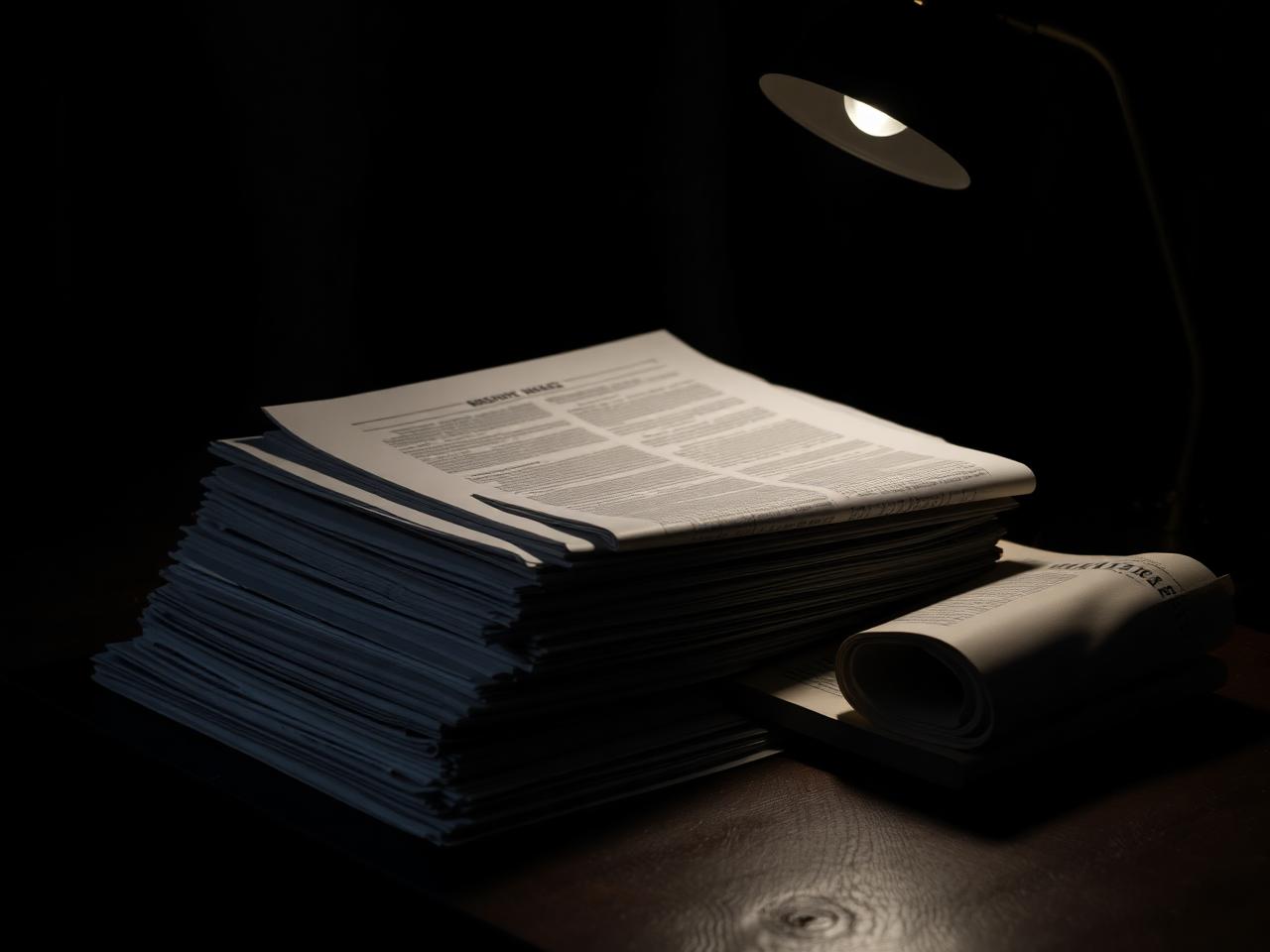 Printed research papers under a desk lamp