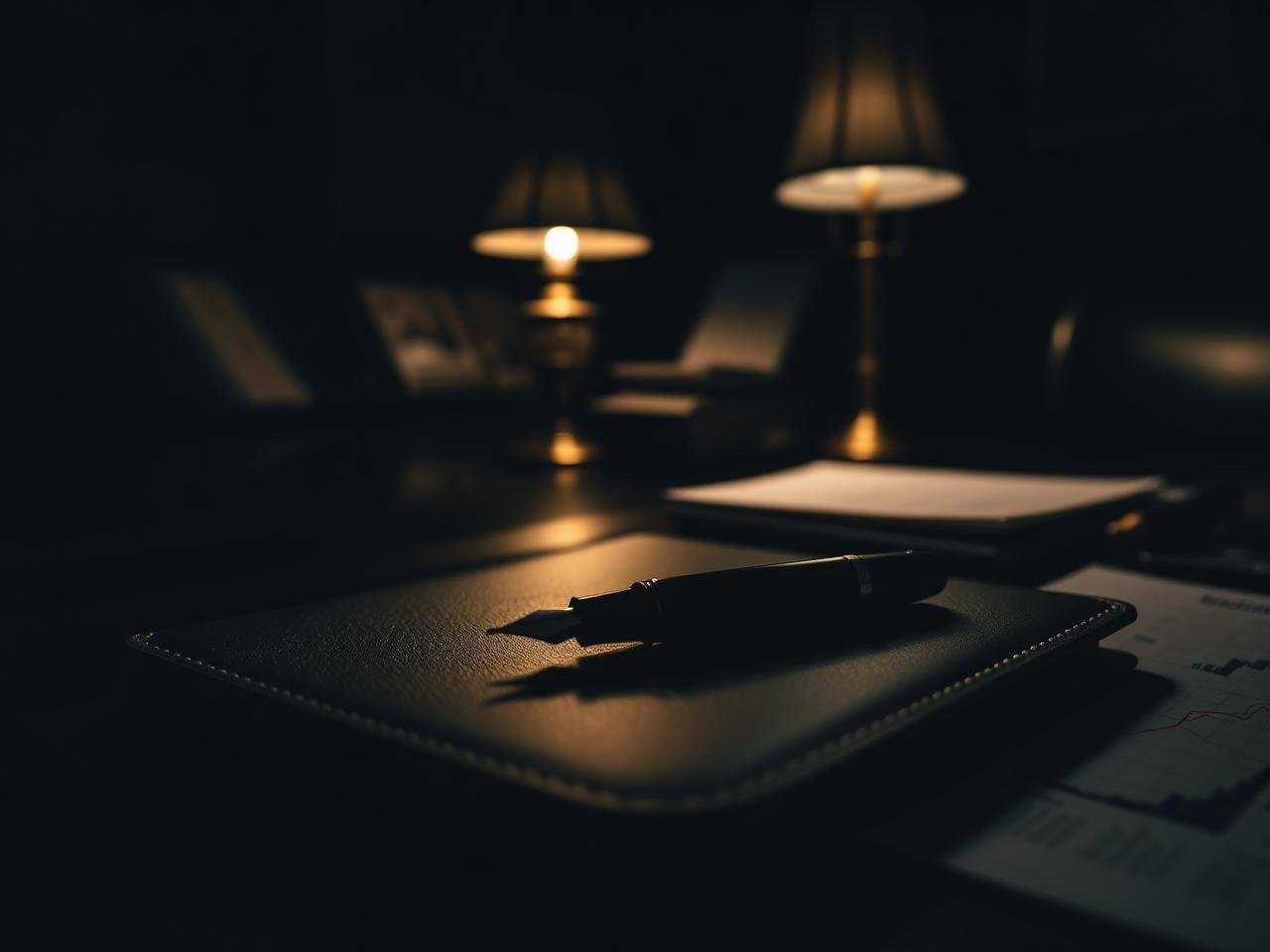 Private wealth office desk at night