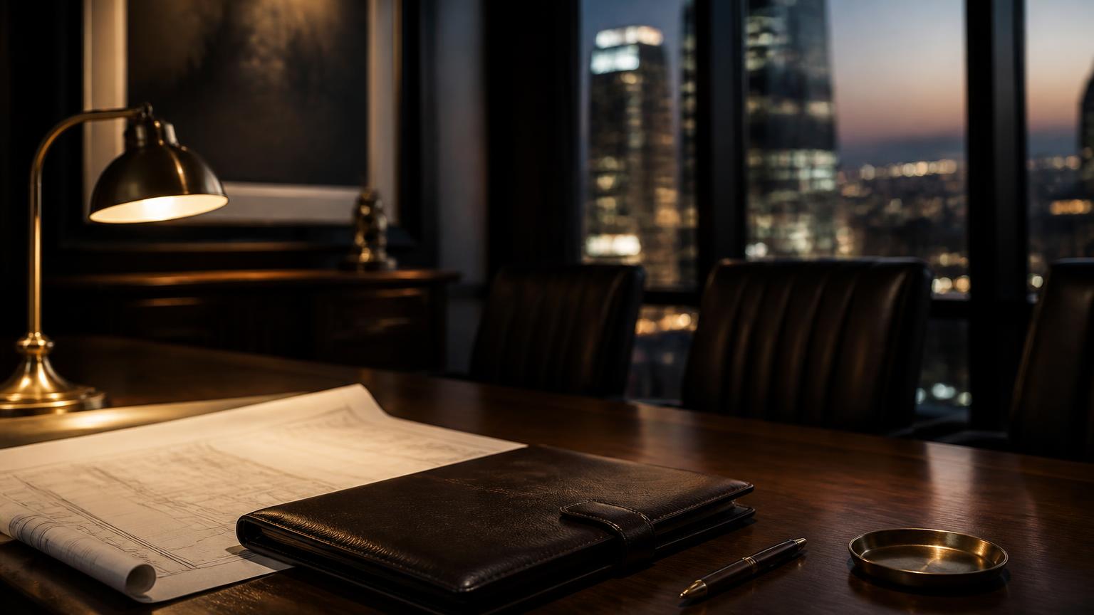 Private wealth advisory boardroom at dusk